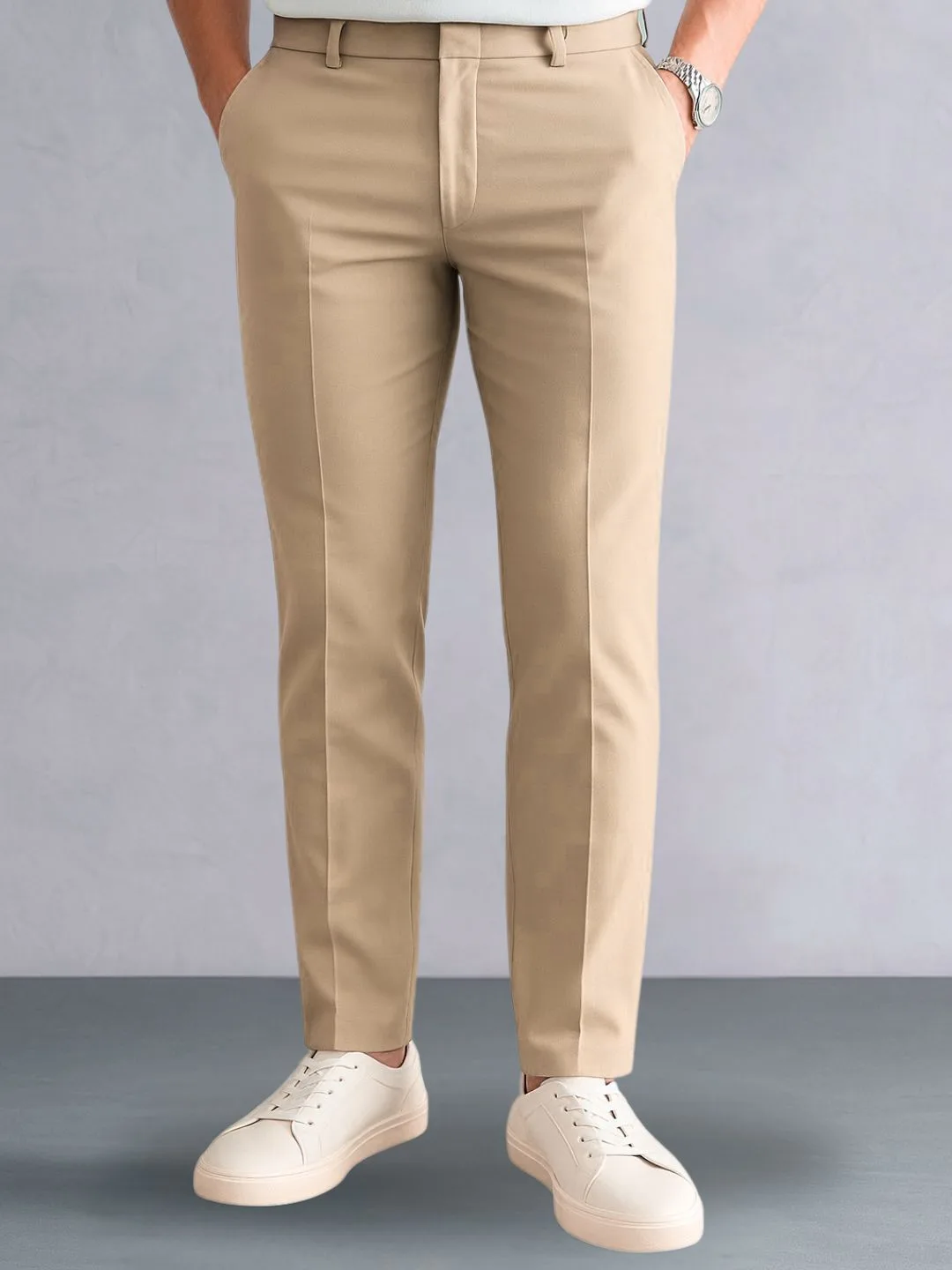 Smooth Finish Beige Office Trousers - Image 3